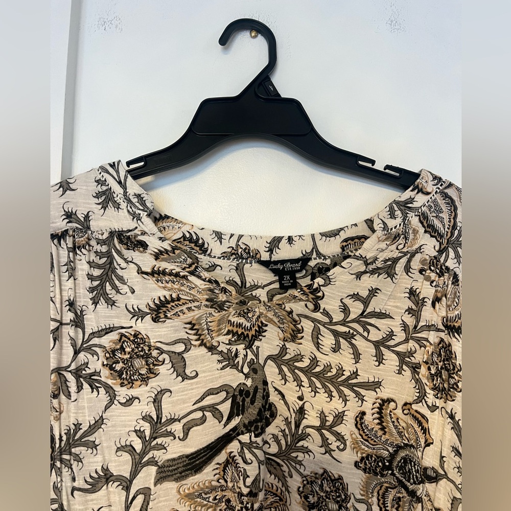 Lucky Brand 3/4 Sleeve Floral /Bird Peasant Split Neck Top size 2X Boho - Picture 7 of 10